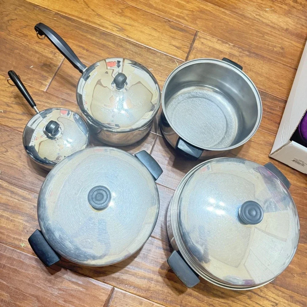 VTG 80s 9pieces Revere Ware Farberware Cookware‎ Copper Bottom Stainless Steel
